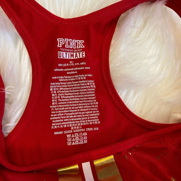 PINK Victoria’s Secret Sports Bra Red Gold & White Stripes Logo Size Medium - Picture 4 of 5